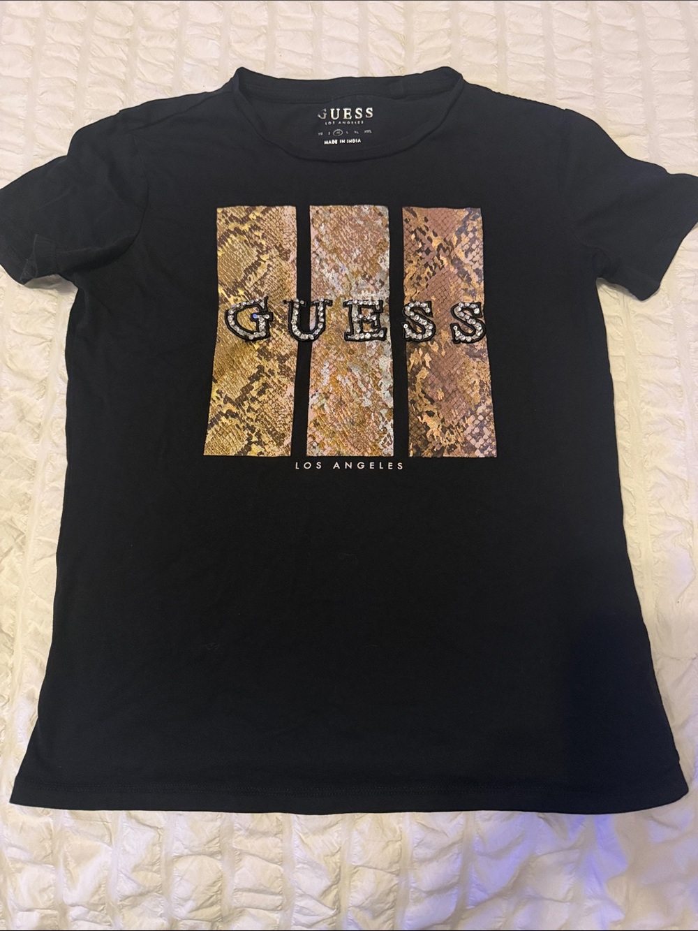 GUESS Black Tee with Gold-Brown Snake Print Logo